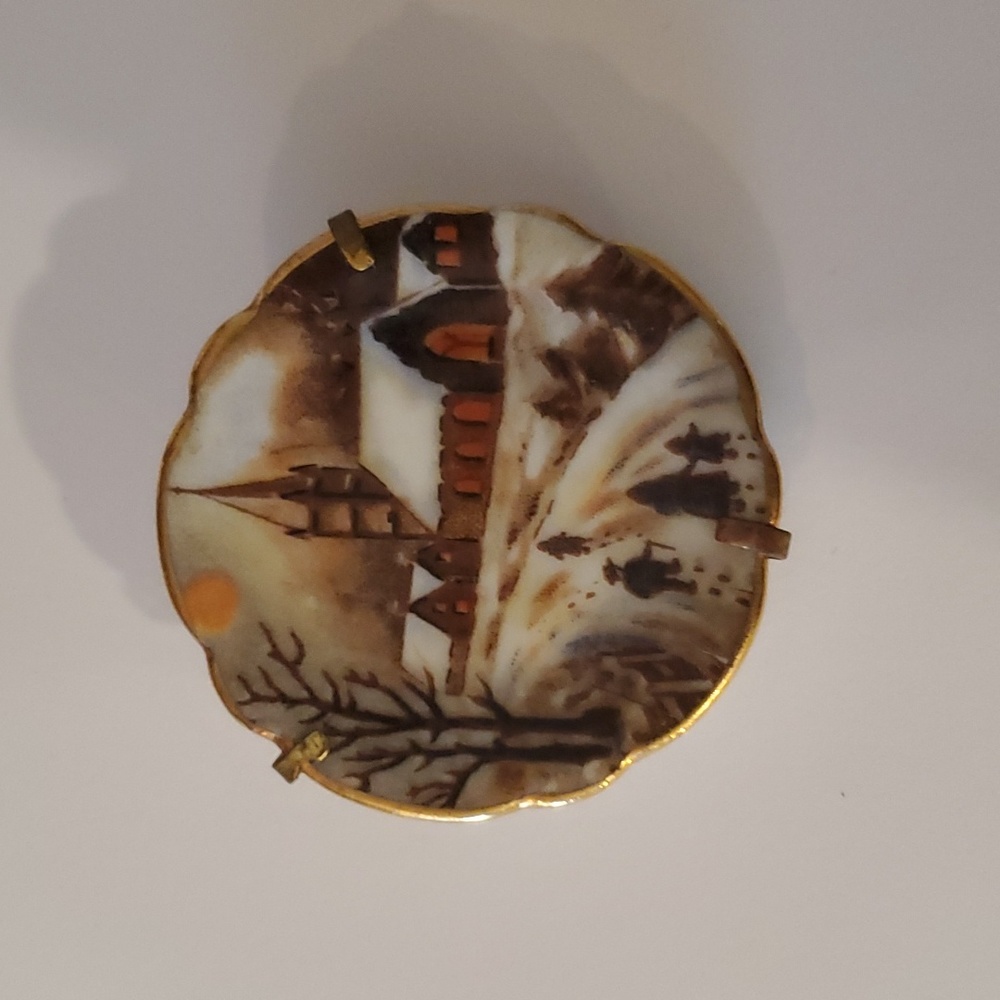 Vintage Limoges Winter Church Scene Porcelain Miniature Plate with Brooch Back.